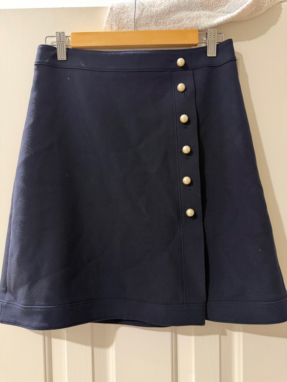 Ann Taylor Navy A-Line Skirt with Pearl Accent Buttons